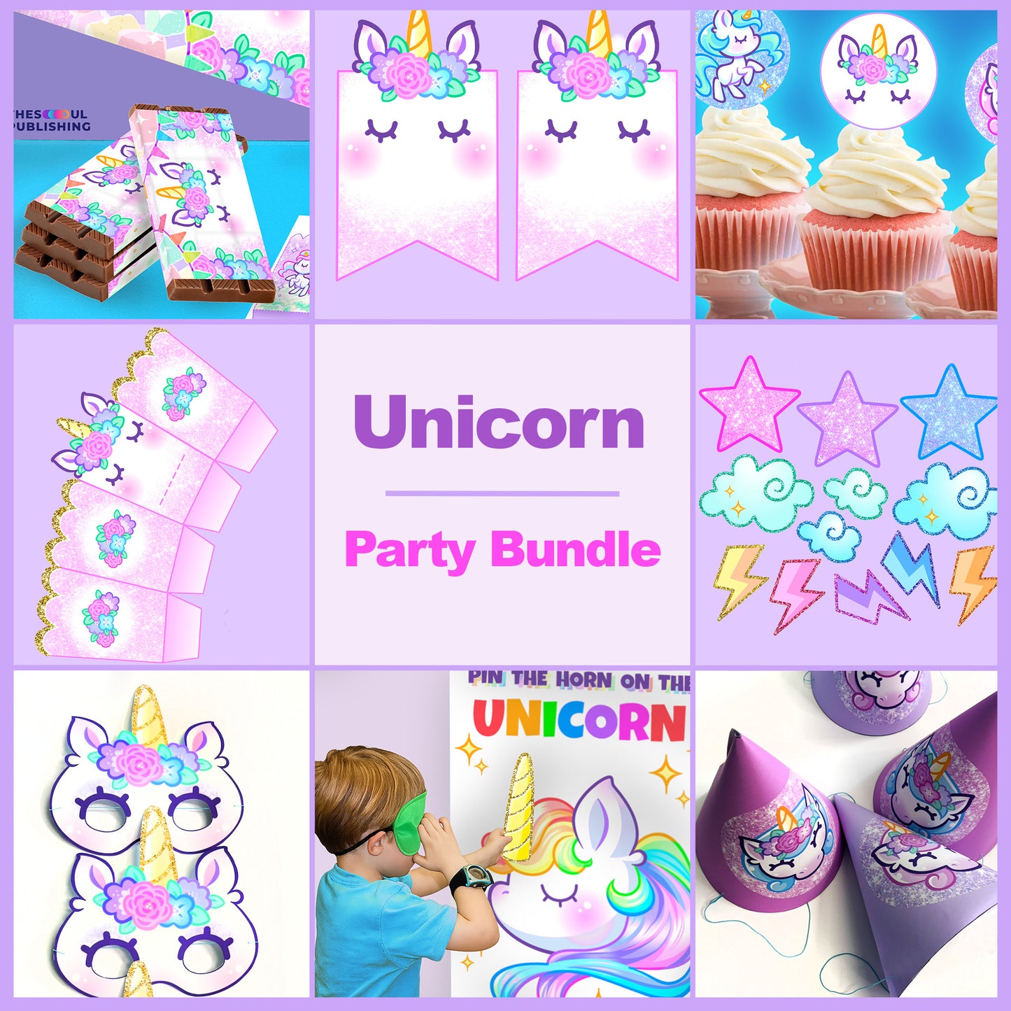 Unicorn Birthday Party Set | Printable Unicorn Decorations, Rainbow Unicorn Theme,  Kids Birthday Kit, Instant Download