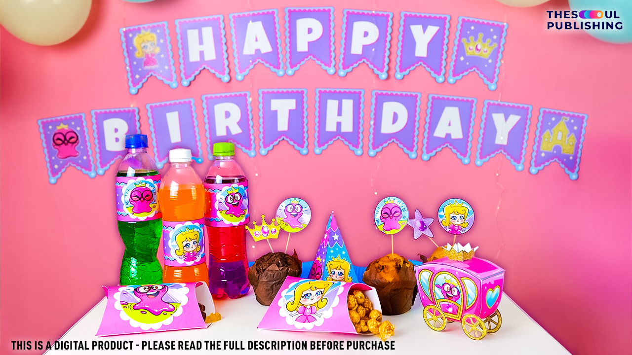 Princess Party Birthday Set | Printable Royal Party Decorations for Girls | Fairy Tale Birthday Kit | Instant Download | Pink , White &purple Theme