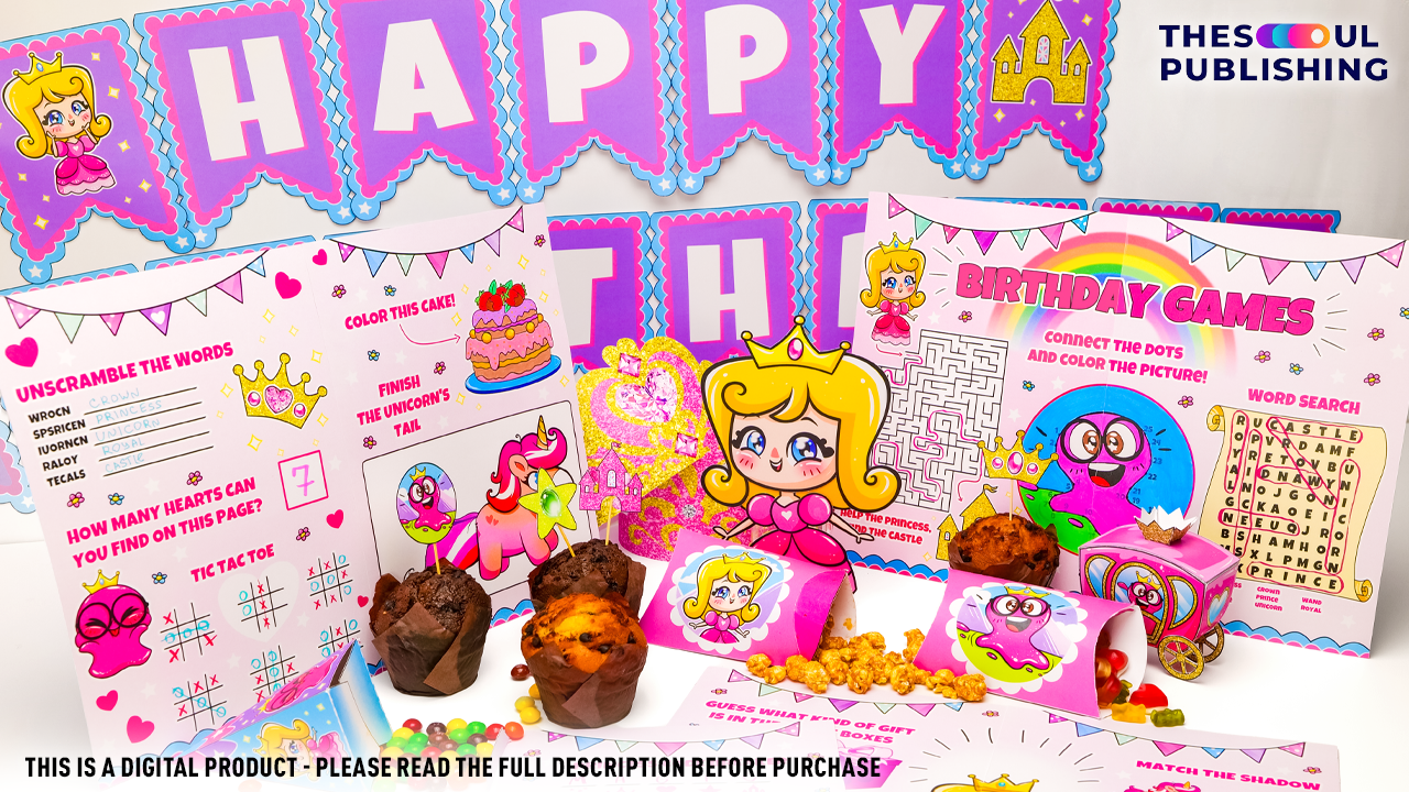 Princess Party Birthday Set | Printable Royal Party Decorations for Girls | Fairy Tale Birthday Kit | Instant Download | Pink , White &purple Theme